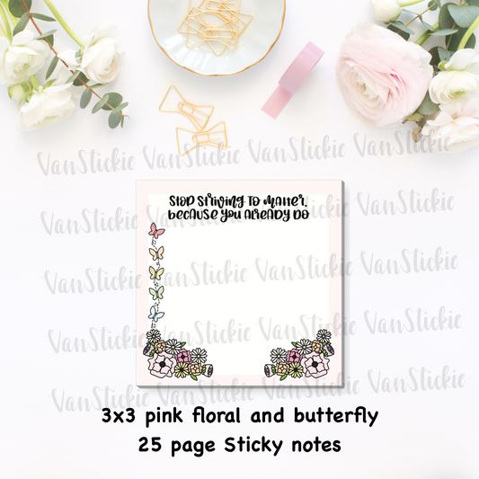 3x3" Pink floral with butterflies Sticky Note Pad (Notes 25 Pages)